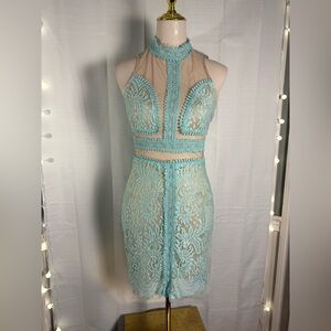 Mango Blue Tan Embellished Cut-Out Bodycon Dress